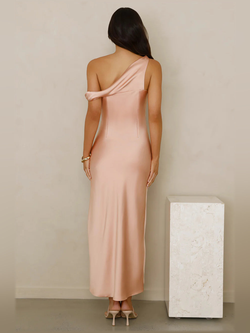 Peach midi formal dress with off-the-shoulder neckline, alternate view showing the overall silhouette