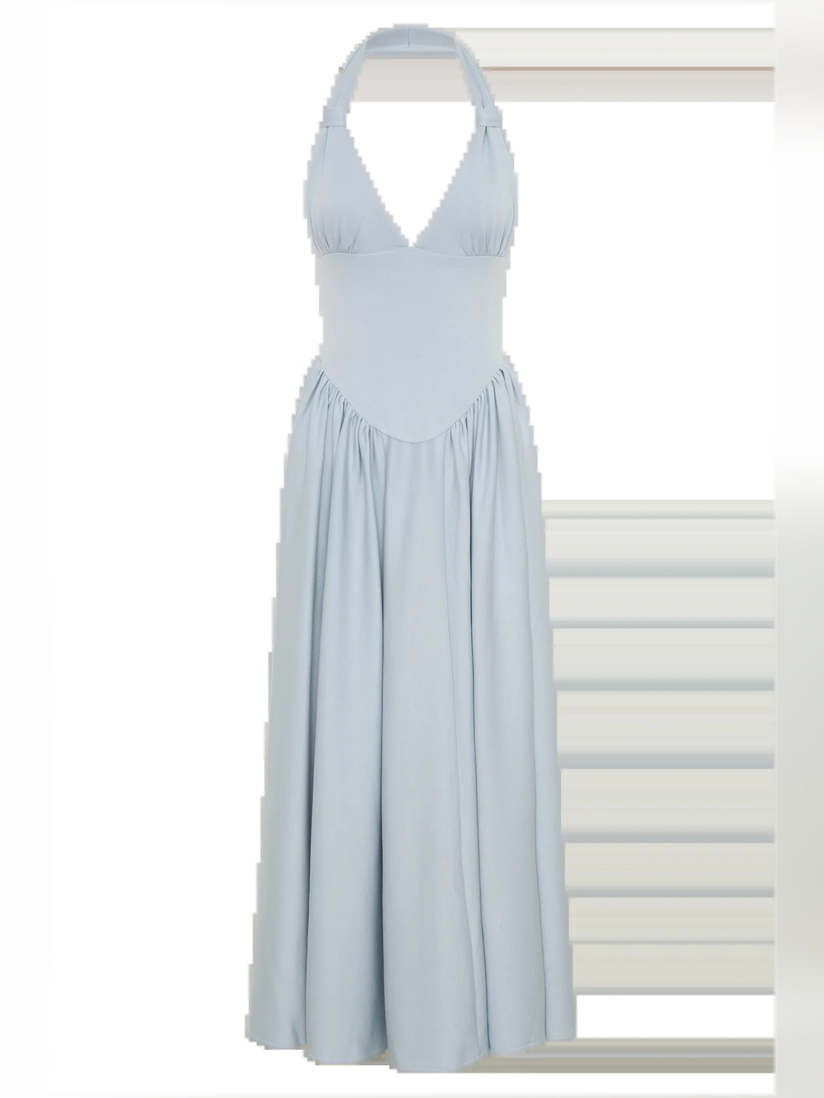 Blue midi formal dress with halter neckline, alternate view showing the overall silhouette