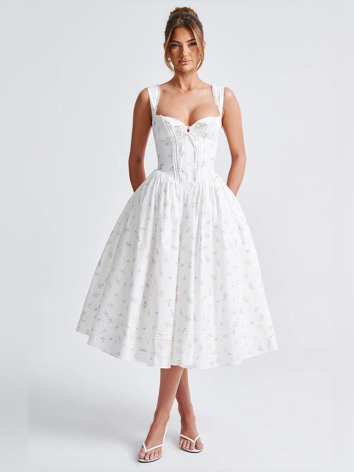 Floral midi formal dress with floral print, alternate view showing the overall silhouette