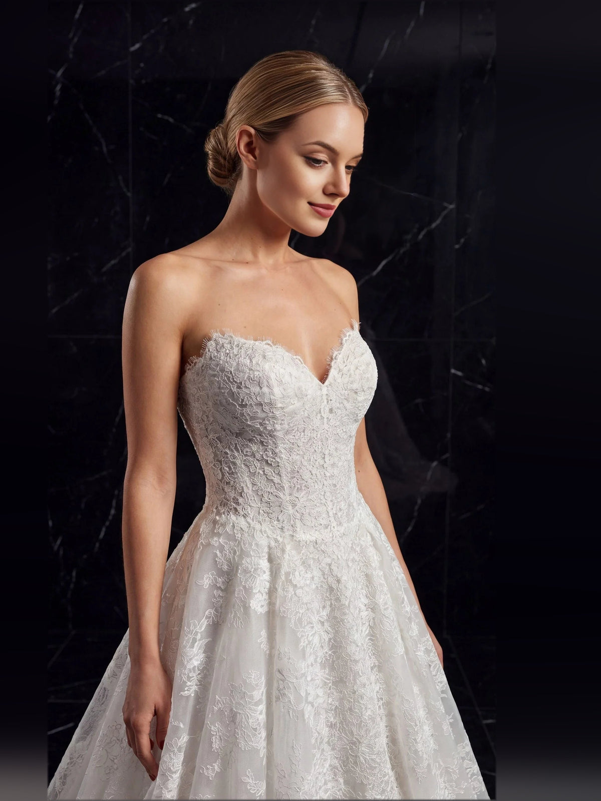 Ivory floor-length wedding dress, alternate view showing the bodice and skirt from another angle