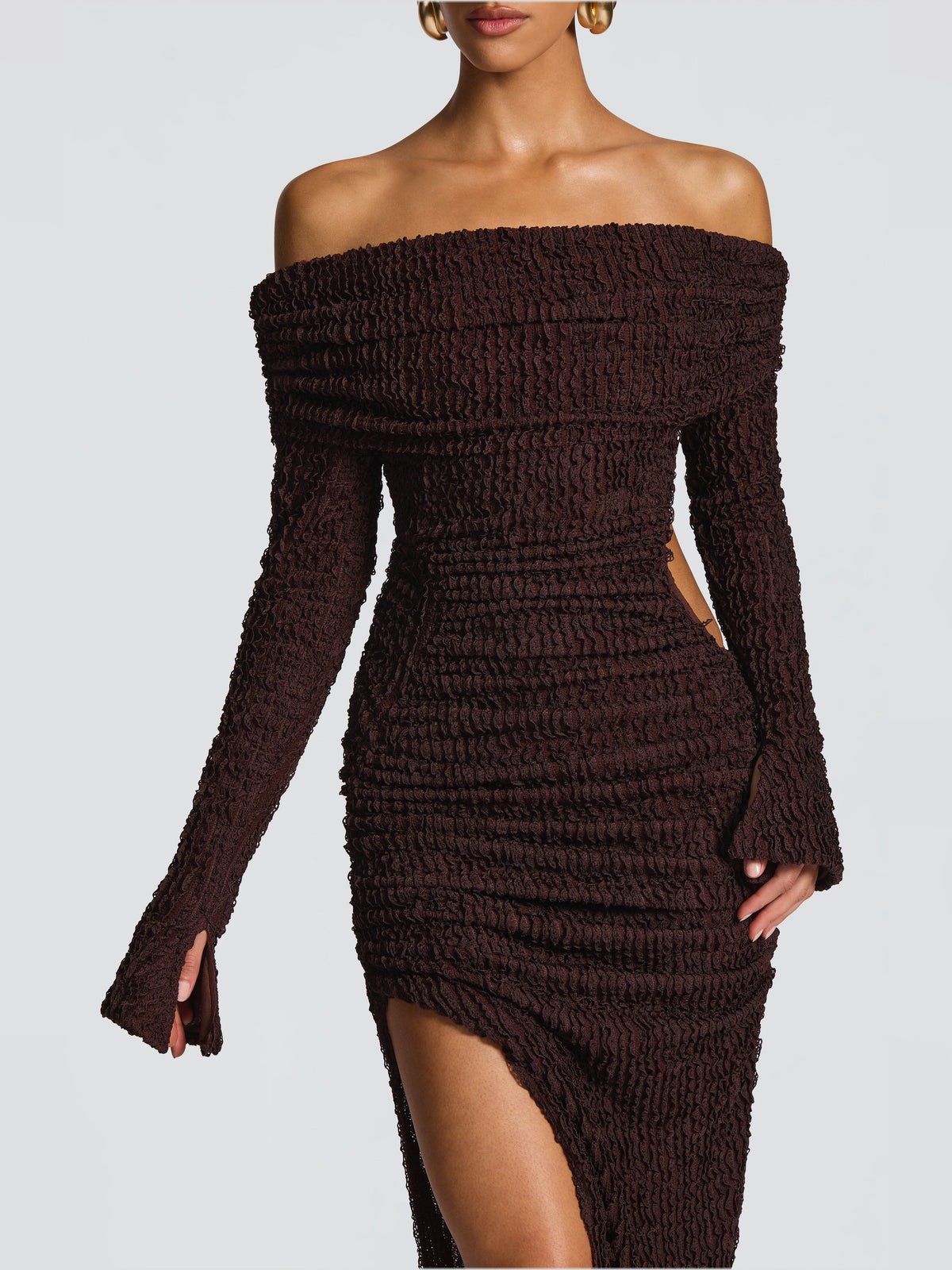 Brown midi formal dress, alternate view showing the overall silhouette