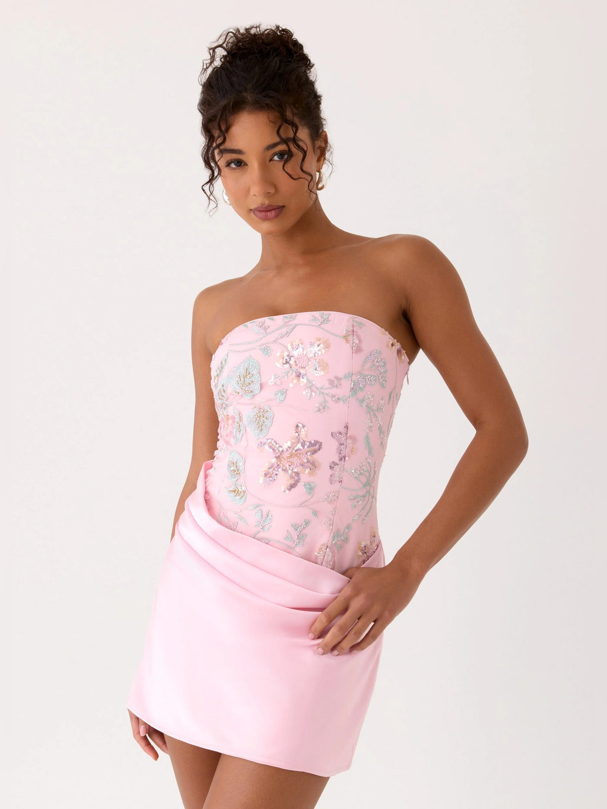 Pink mini homecoming dress, alternate view showing the bodice and skirt from another angle