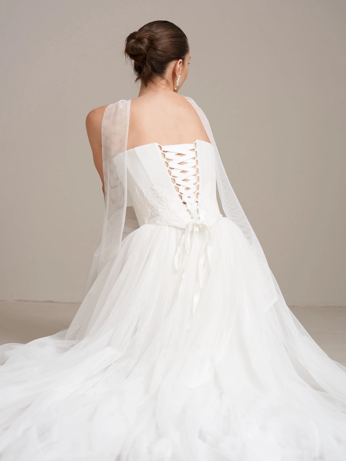 Ivory floor-length wedding dress, alternate view showing the bodice and skirt from another angle