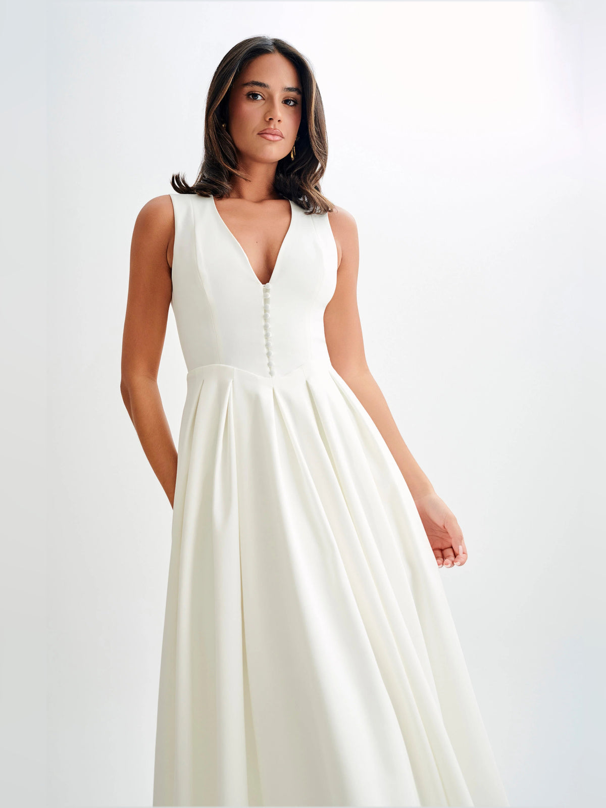 White midi formal dress, alternate view showing the overall silhouette
