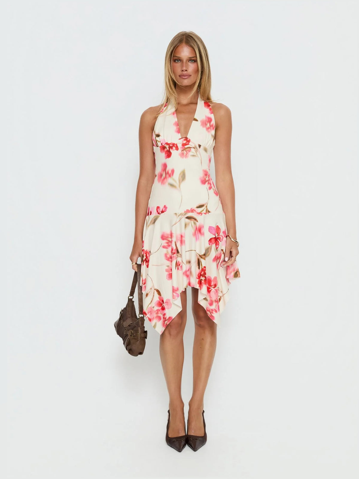 Cream Floral midi formal dress with floral print, alternate view showing the overall silhouette