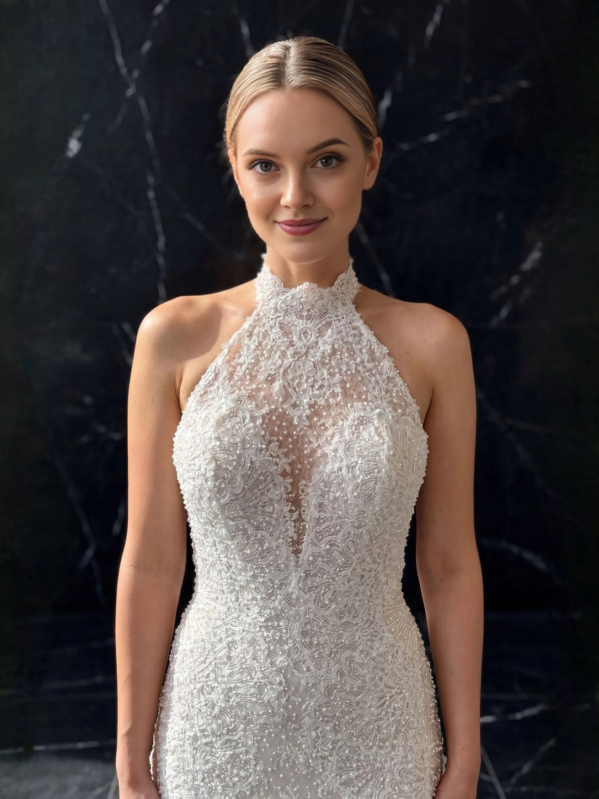 Ivory floor-length wedding dress, alternate view showing the bodice and skirt from another angle