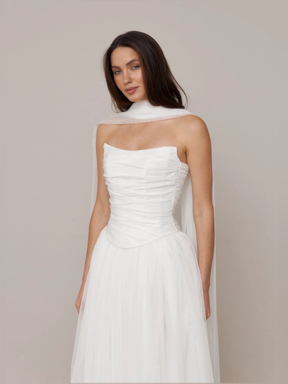 Ivory floor-length wedding dress, alternate view showing the bodice and skirt from another angle