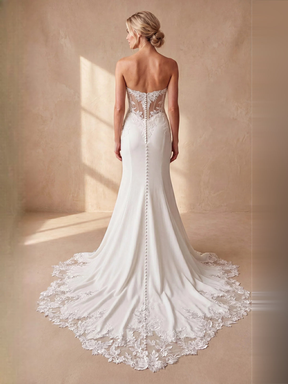 Ivory floor-length wedding dress, alternate view showing the bodice and skirt from another angle