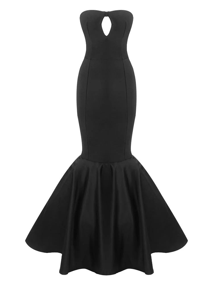 Black mermaid floor-length formal dress with cutout detail, alternate view showing the overall silhouette