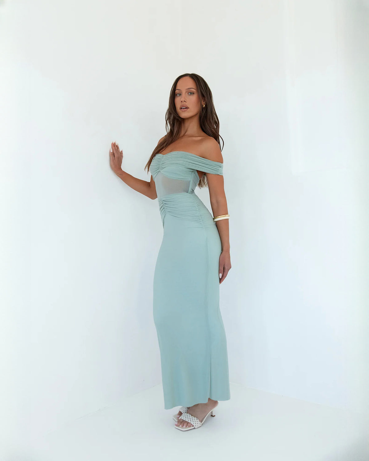 off-shoulder satin a-line maxi bridesmaid dress - image 8