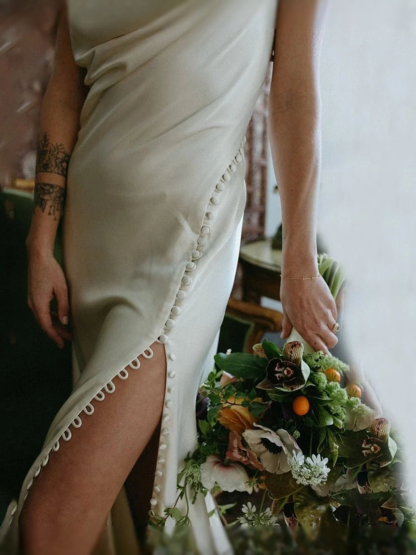 Ivory maxi bridesmaid dress, alternate view showing the bodice and skirt from another angle