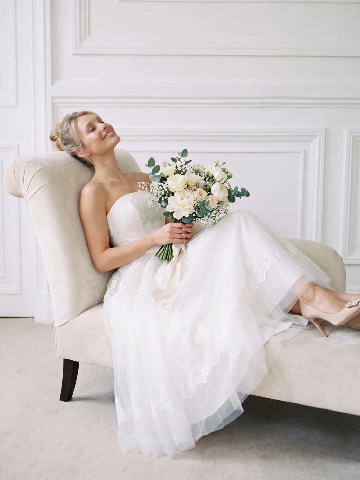 Ivory short wedding dress, alternate view showing the bodice and skirt from another angle