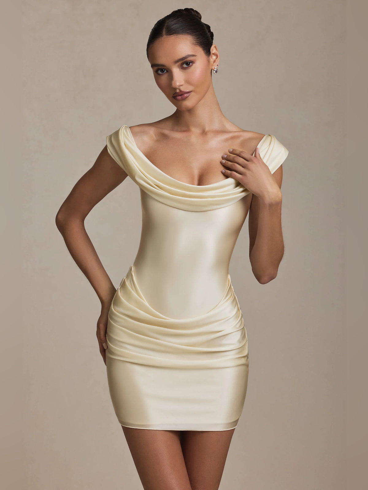 Ivory mini homecoming dress, alternate view showing the bodice and skirt from another angle
