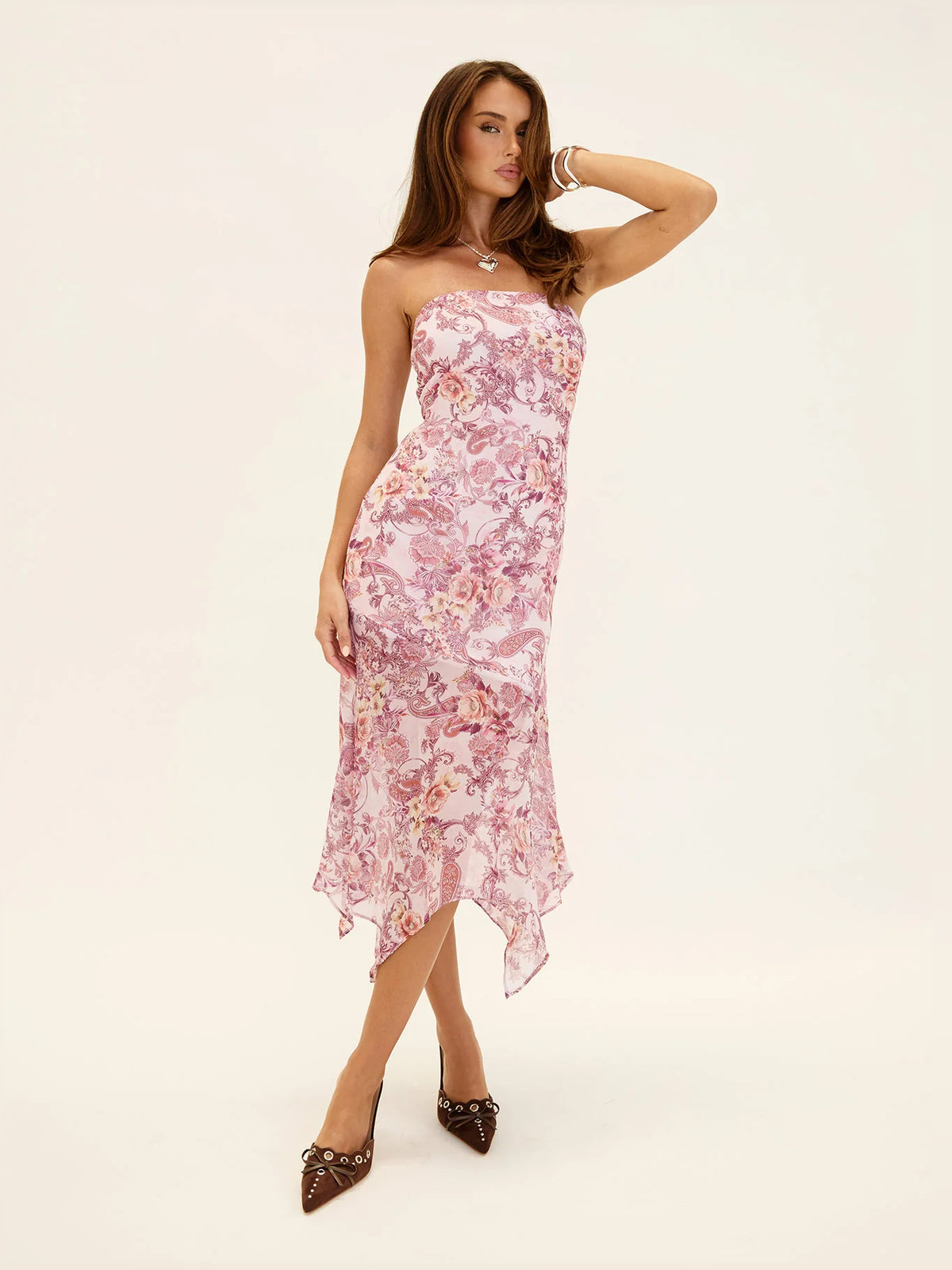 Paisley midi formal dress with strapless neckline, alternate view showing the overall silhouette