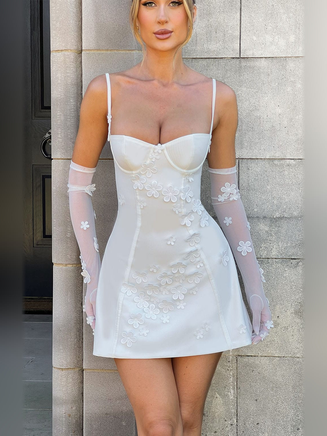 Ivory mini homecoming dress, alternate view showing the bodice and skirt from another angle