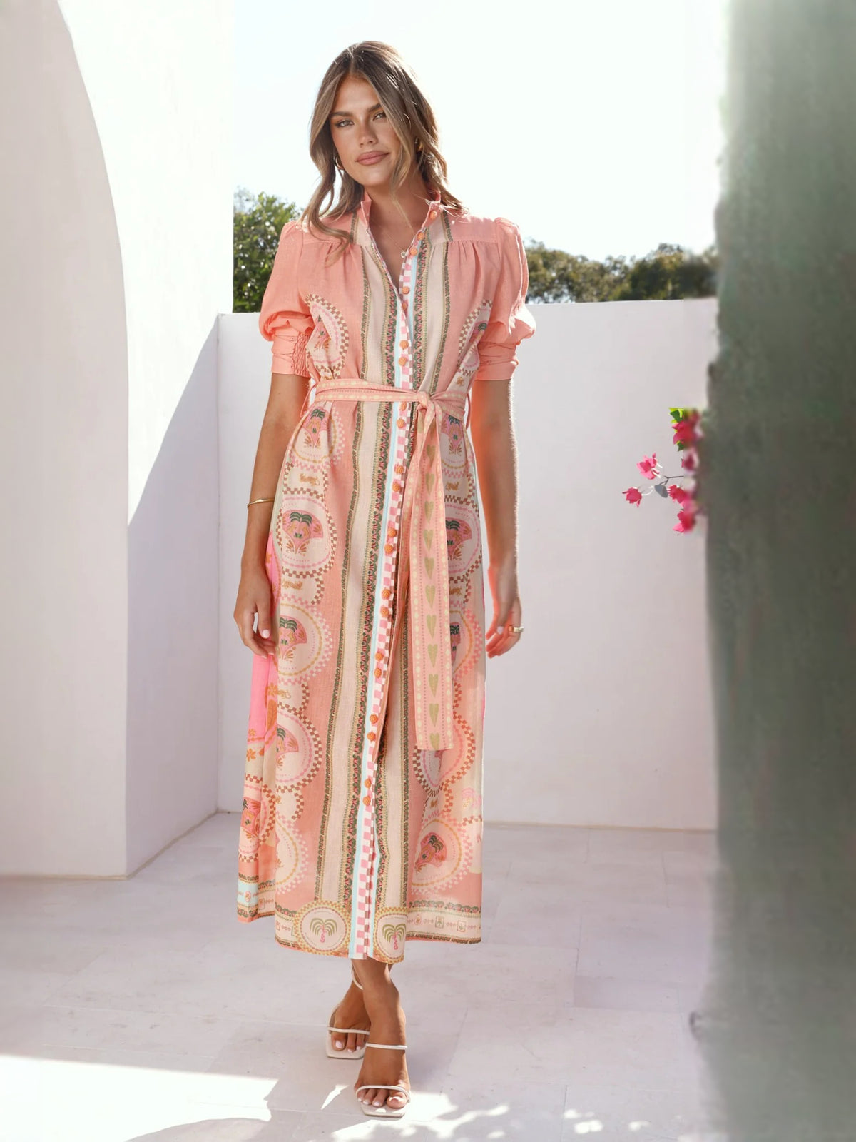 Acacia Palm Melon midi formal dress with printed pattern, alternate view showing the overall silhouette