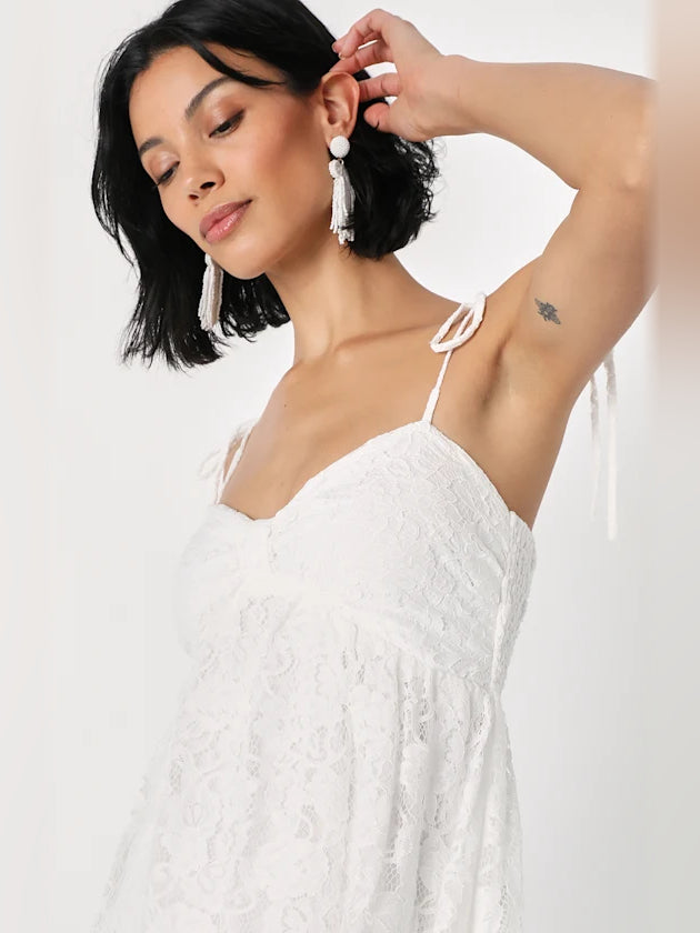 White mini homecoming dress, alternate view showing the bodice and skirt from another angle