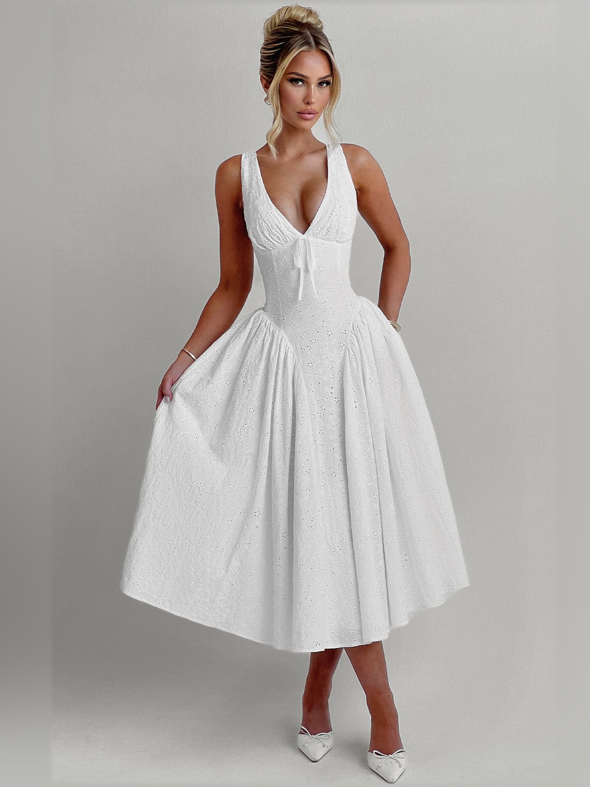 Ivory midi formal dress, alternate view showing the overall silhouette