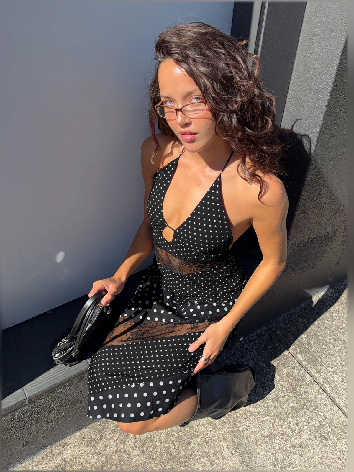 Polka Dot midi formal dress with printed pattern, alternate view showing the overall silhouette