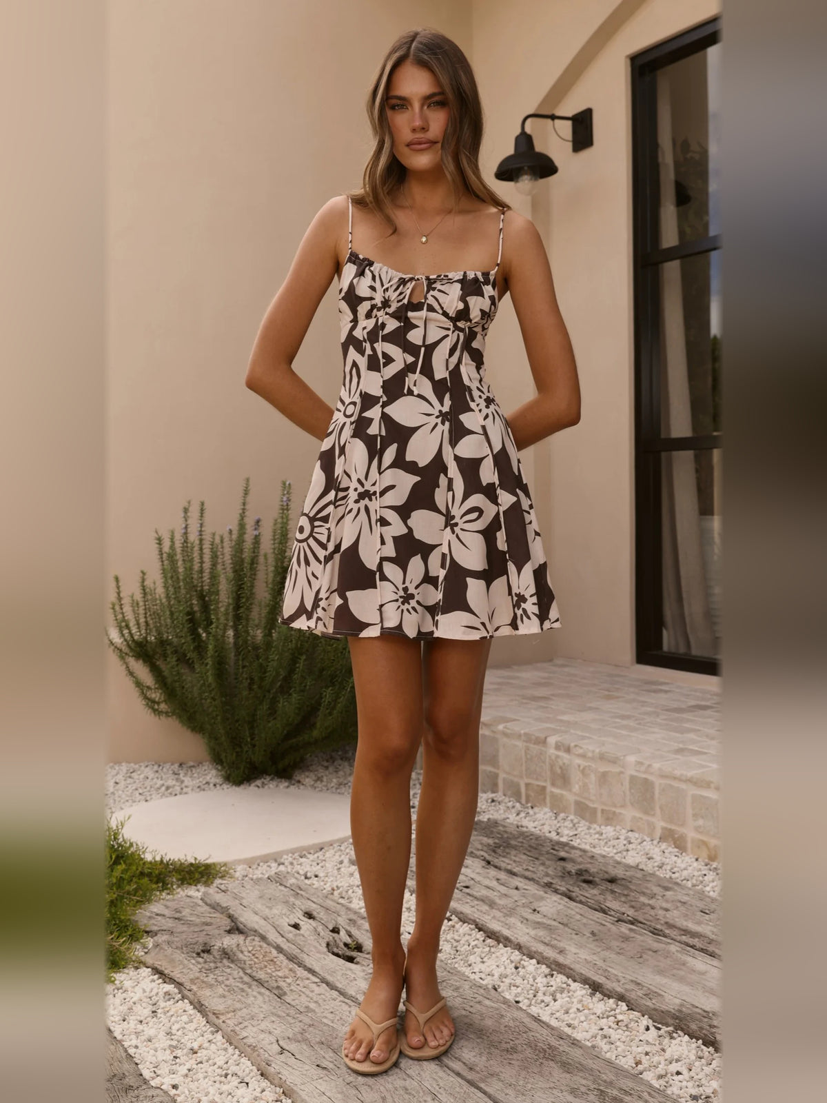 Chocolate Floral mini homecoming dress, alternate view showing the bodice and skirt from another angle