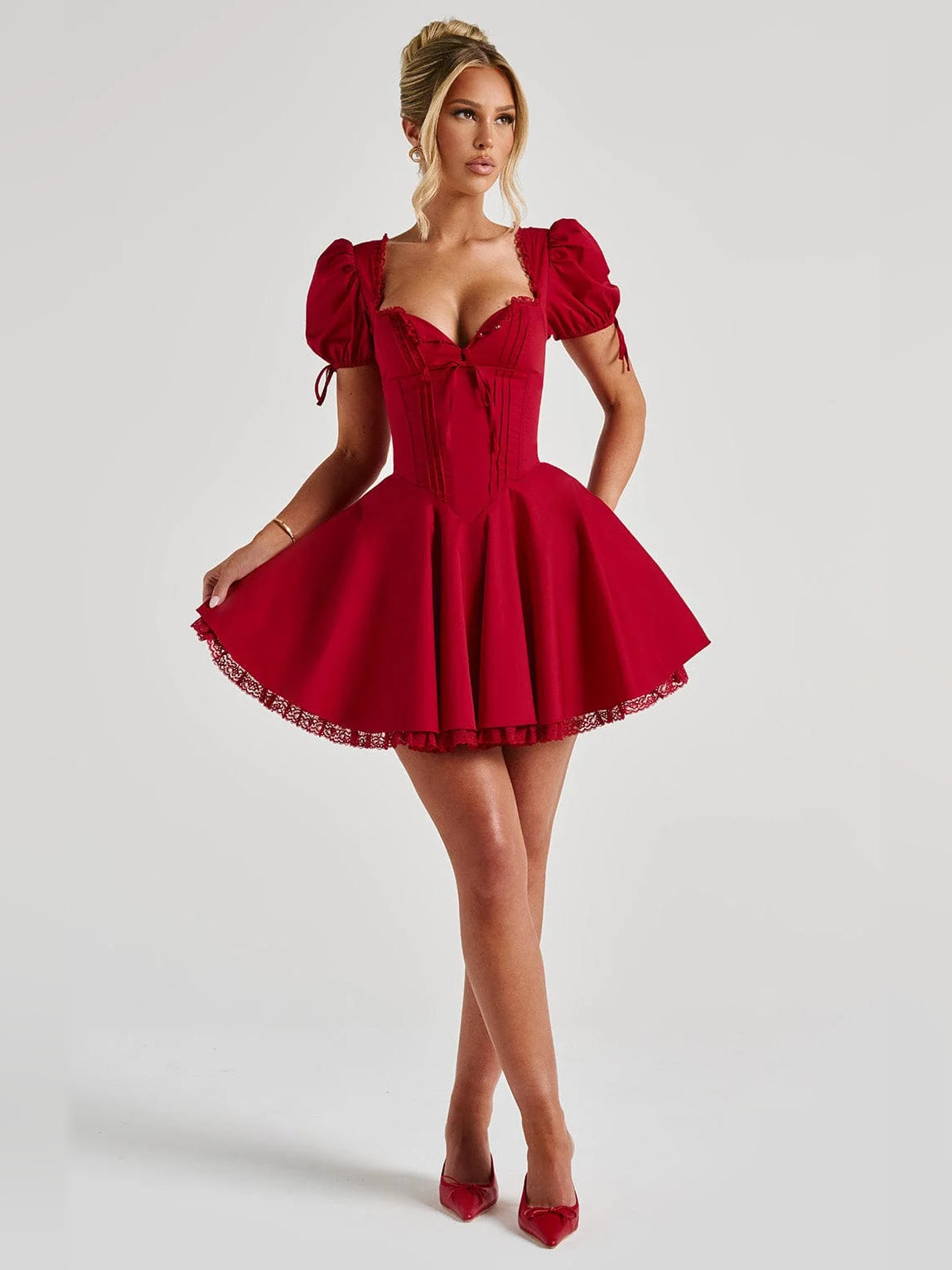 Red mini homecoming dress, alternate view showing the bodice and skirt from another angle