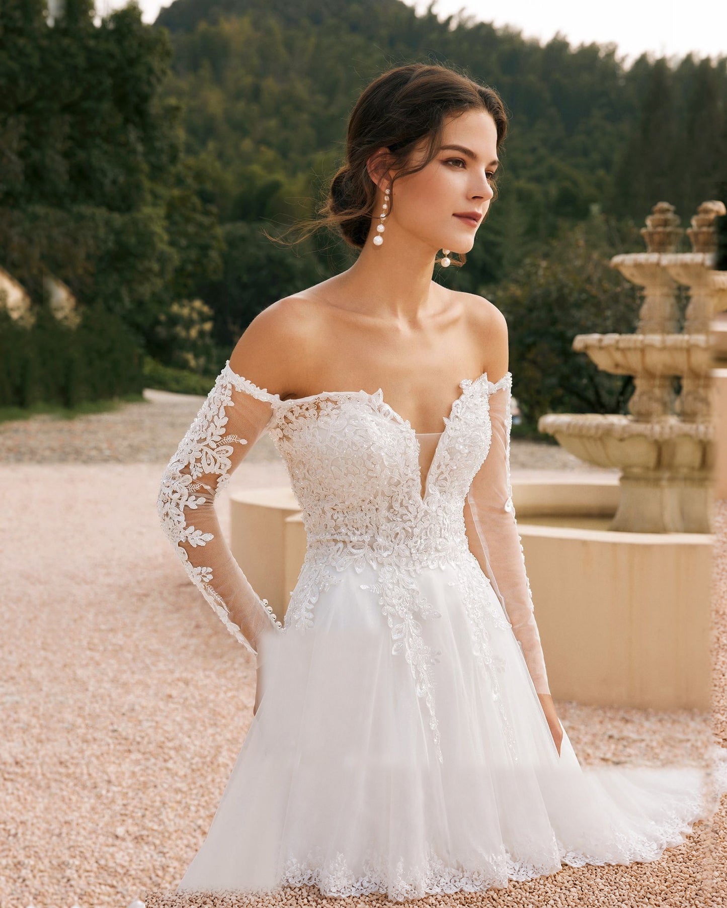 off-shoulder lace sleeve tulle wedding ball gown - image 9