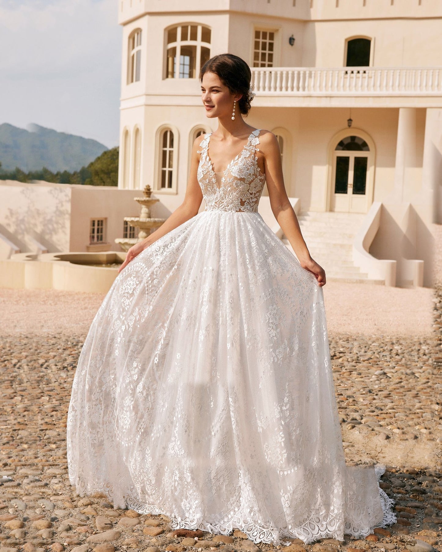 plunging v-neck lace embroidered a-line wedding dress - image 10