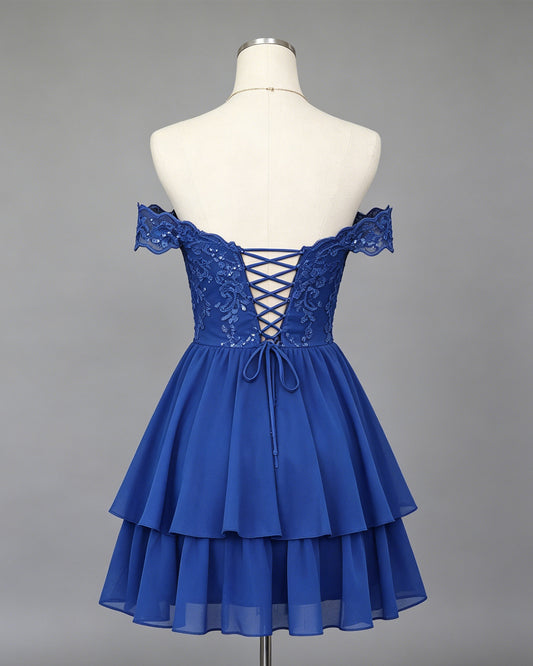 Off Shoulder Lace A-Line Homecoming Dress with Tiered Skirt - view 2