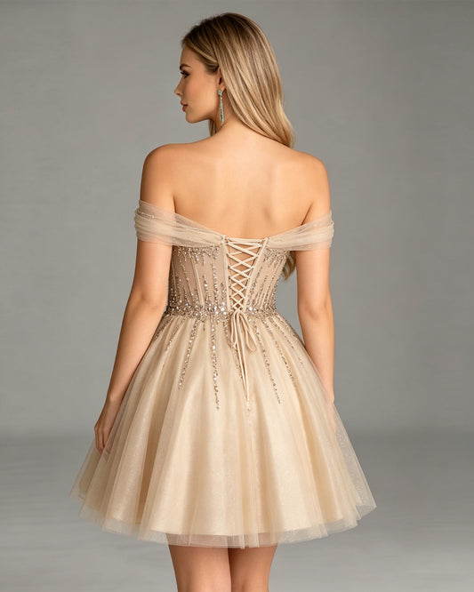 off shoulder beaded corset tulle A-line homecoming dress - view 6