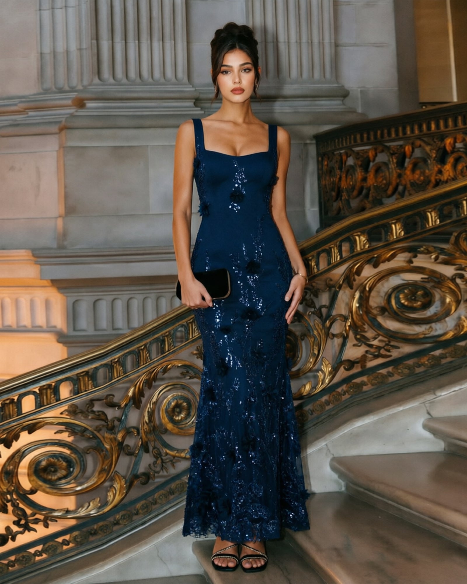 Square Neck Floral Sequin Formal Dress with Fitted Silhouette
