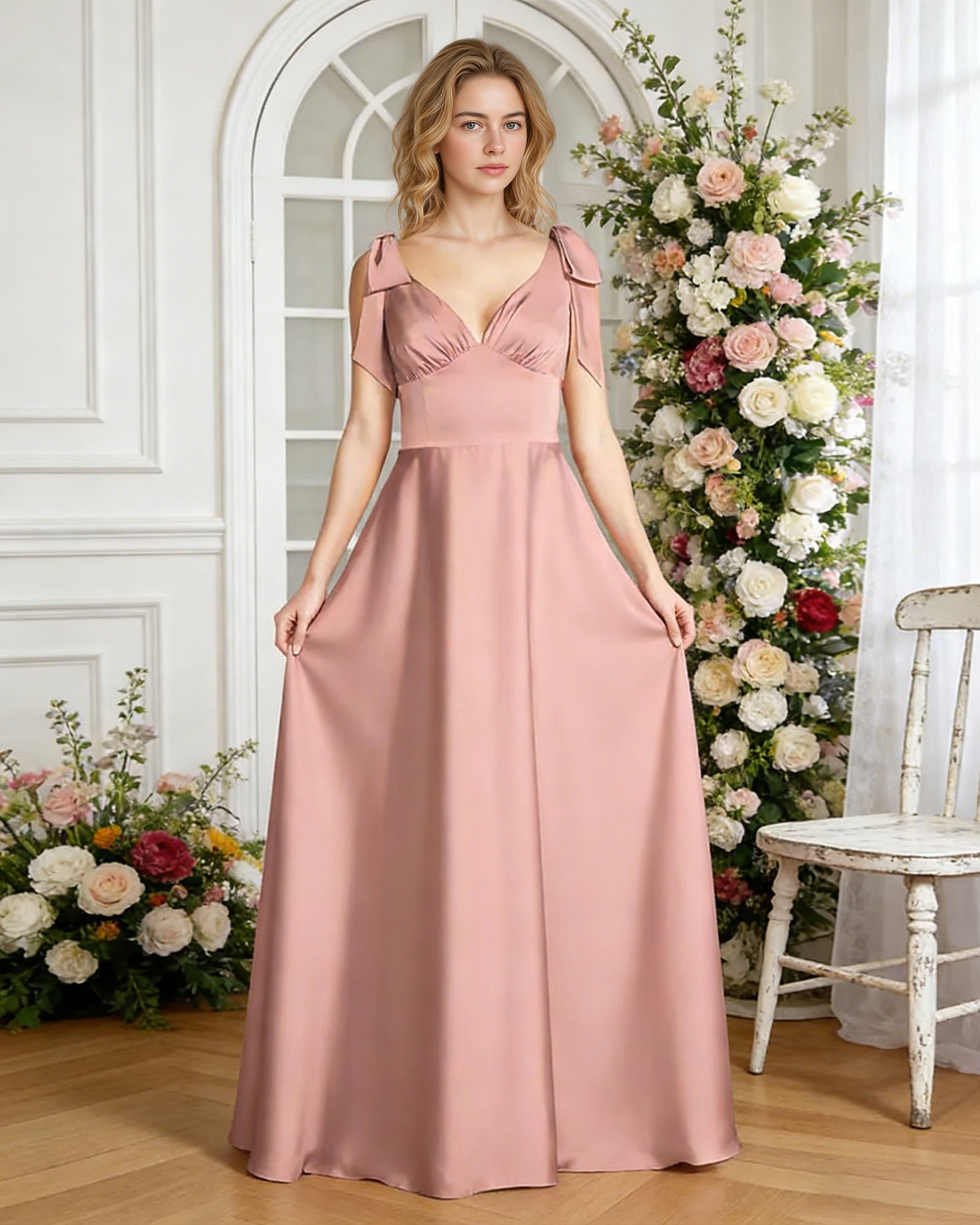 V-Neck Bow Strap Satin Bridesmaid Dress with Empire Waist