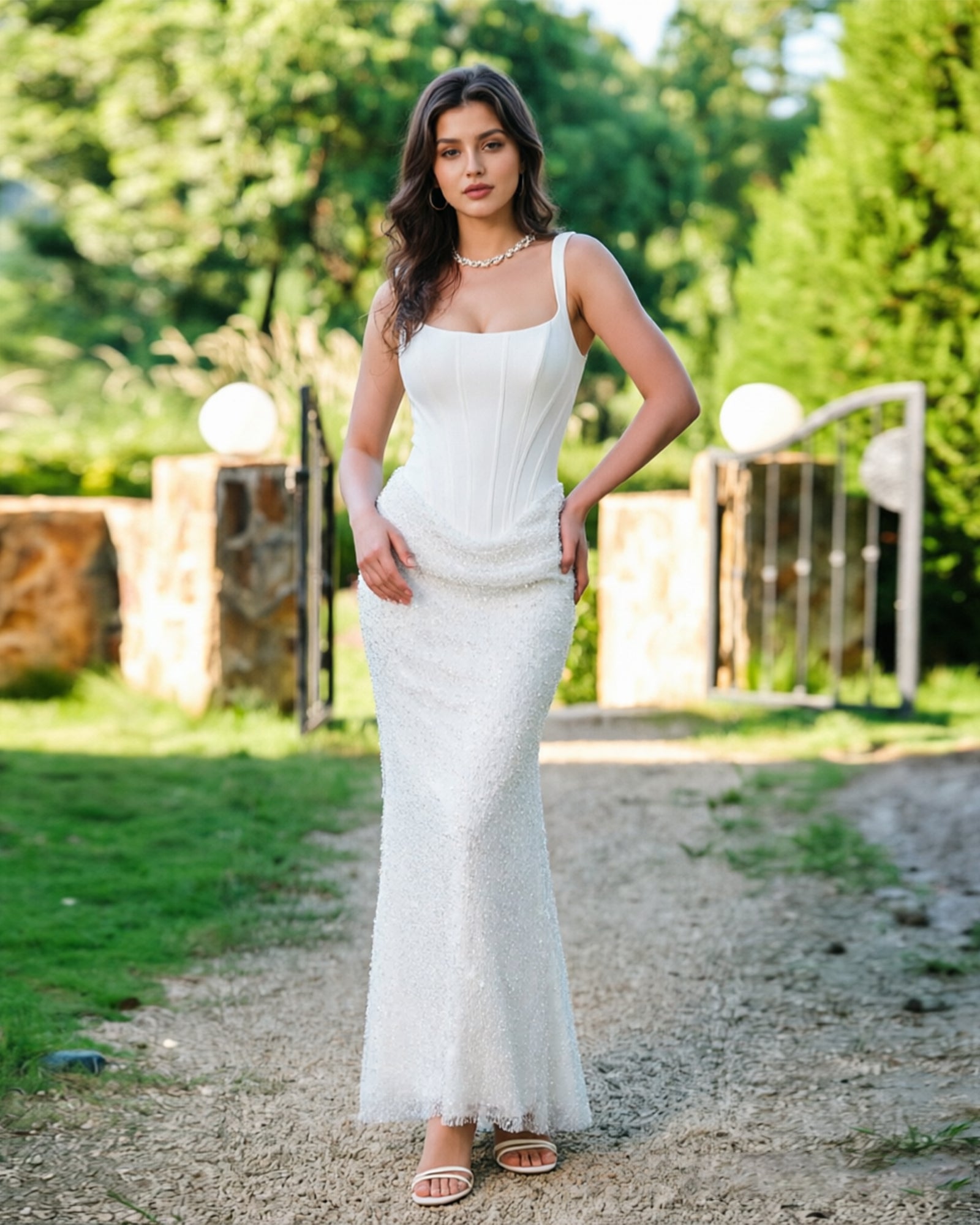 Square Neck Sequin Lace Formal Dress with Beaded Midi dress – Neggcy