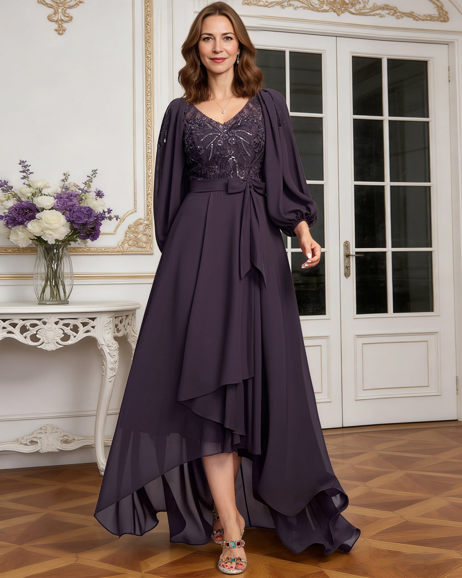 High Low Mother of the Bride Dress Lace Bodice Chiffon Jacket Formal Wedding Gown – Neggcy