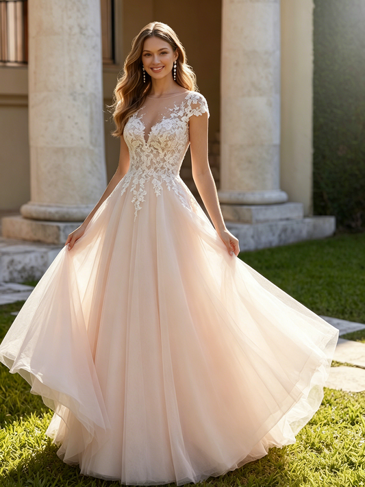 cap sleeve lace tulle A-line wedding dress with V-neck bodice - image 2