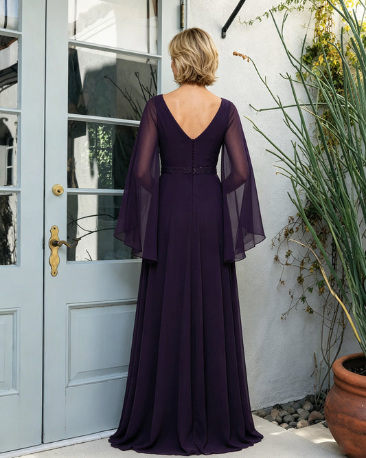 V-Neck Cape Sleeve Chiffon Mother of the Bride Dress with Beaded Belt - full back view with V-neckline