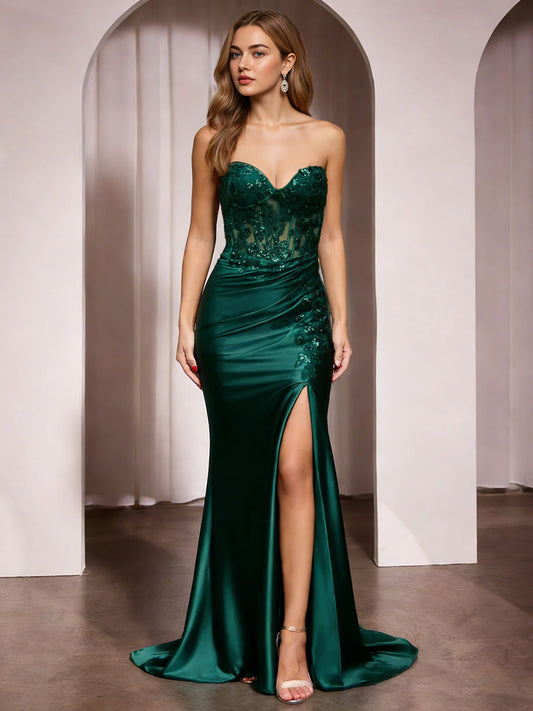emerald strapless satin mermaid prom dress with beaded bodice and slit - image 2