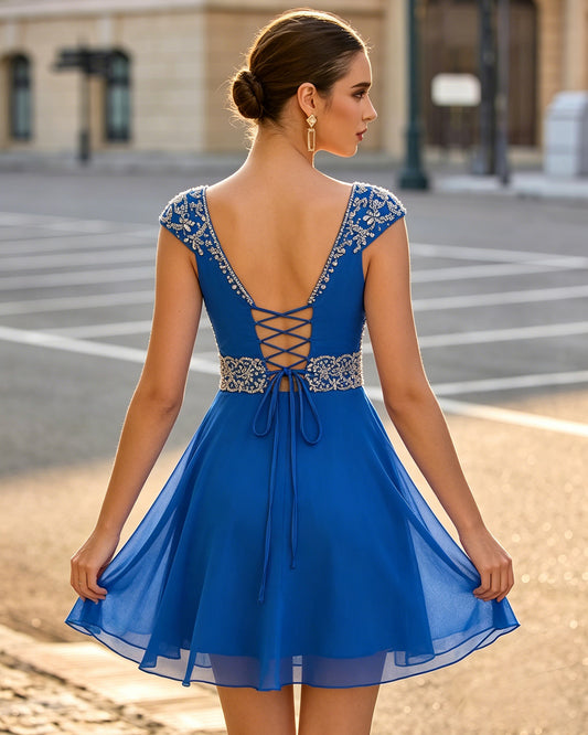 bright blue sweetheart ruched chiffon short homecoming dress with beaded cap sleeves - image 2