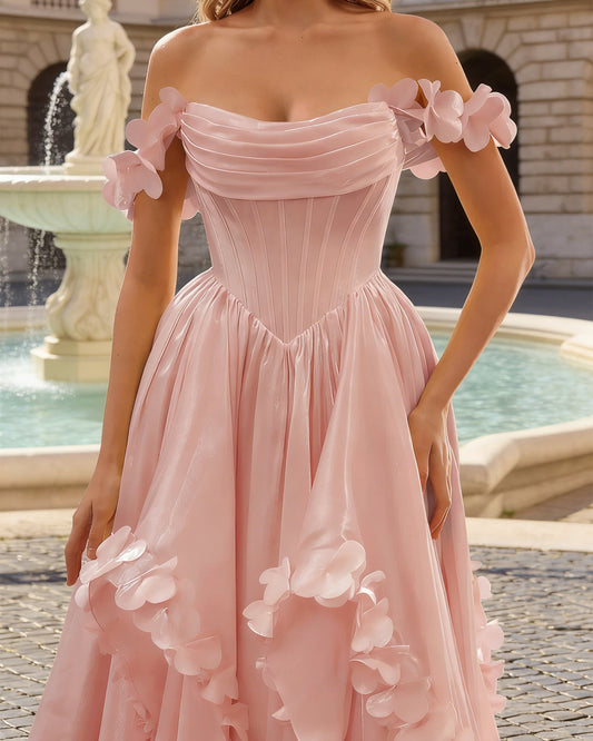 blush off shoulder ruffle tulle ball gown prom dress with floral applique - image 2