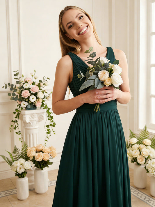 deep V-neck chiffon bridesmaid dress with pleated waist - image 2