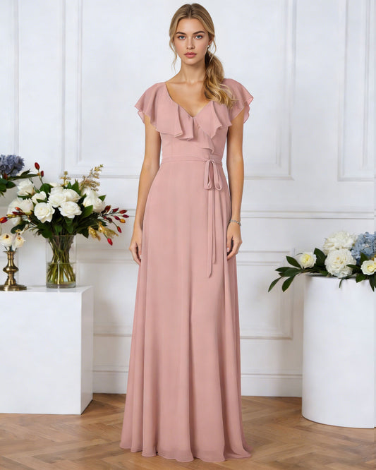 tie neck chiffon bridesmaid dress with flutter sleeves - image 2