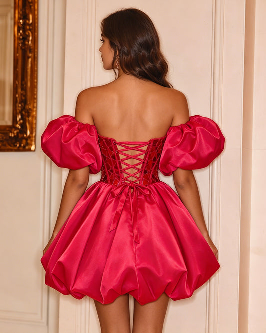 fuchsia off-shoulder puff sleeve satin bubble homecoming dress with embellished corset - image 2