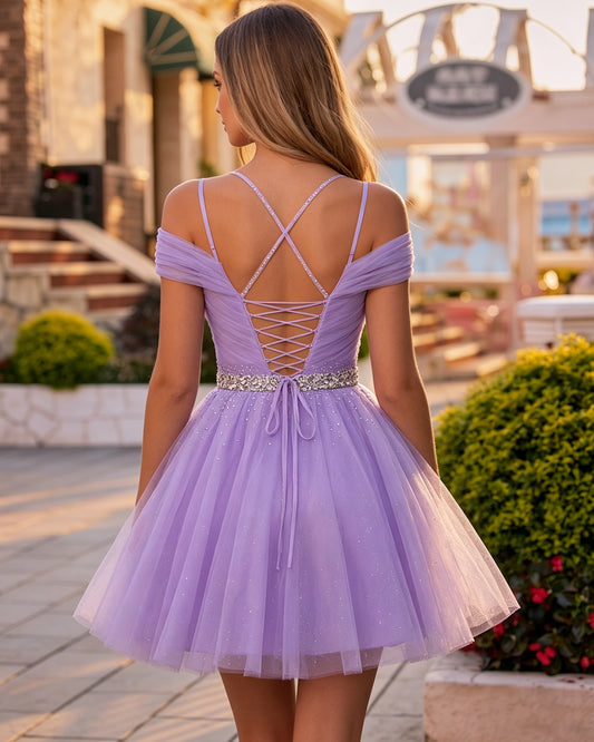 lavender off-shoulder V-neck tulle short homecoming dress with beaded waist - image 2