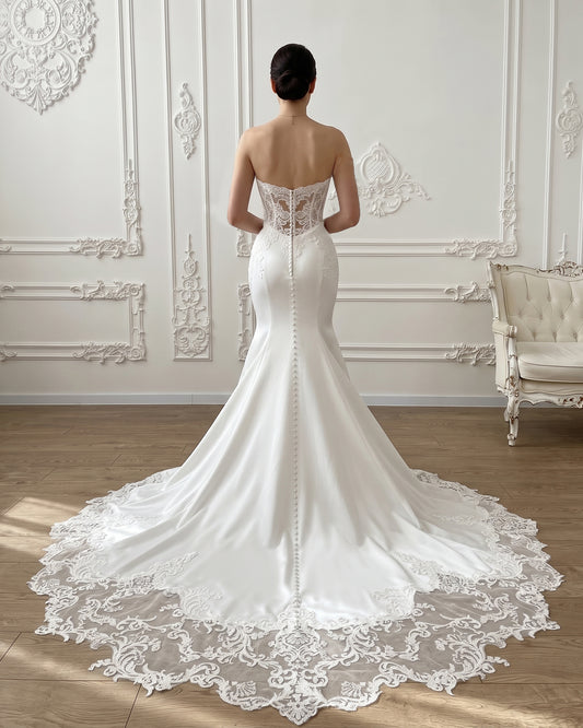strapless lace mermaid wedding dress with corset bodice and chapel train - image 2