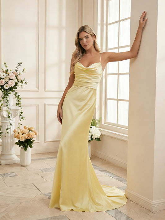 one shoulder satin bridesmaid dress with ruched waist and sweep train - image 2