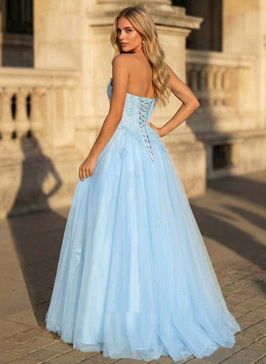 Strapless Corset Tulle Ball Gown Floral Lace Applique Prom Dress