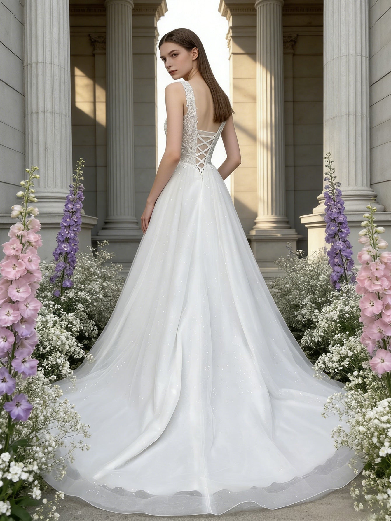 sleeveless V-neck tulle wedding dress with lace bodice and full skirt - image 6