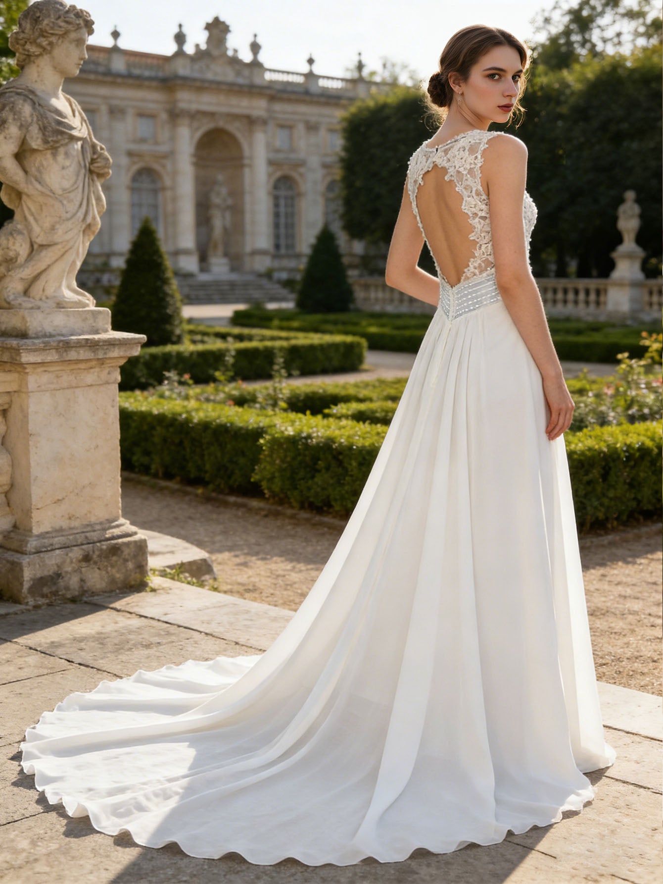 sleeveless V-neck lace tulle A-line wedding dress with illusion bodice - image 6