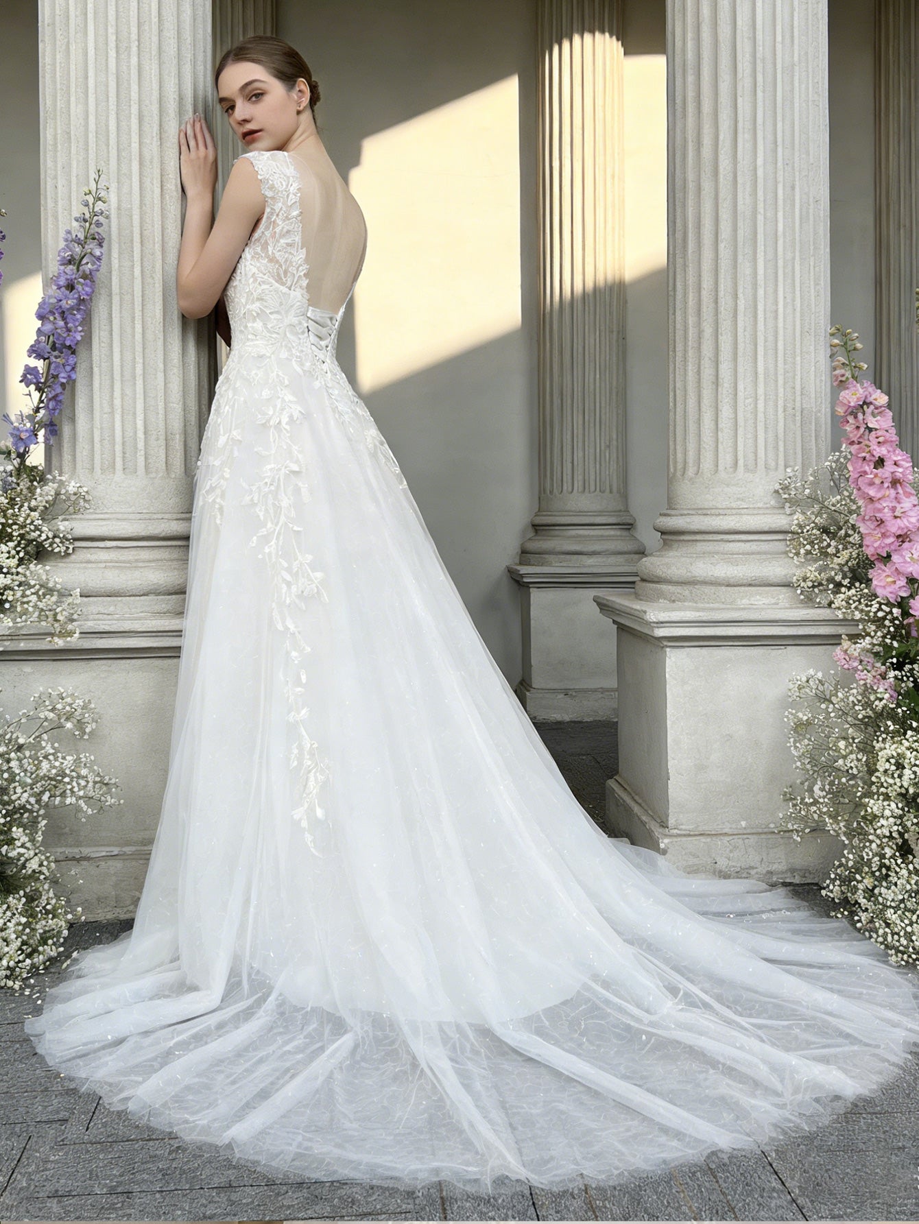 sleeveless V-neck lace sheath wedding dress with court train - image 6