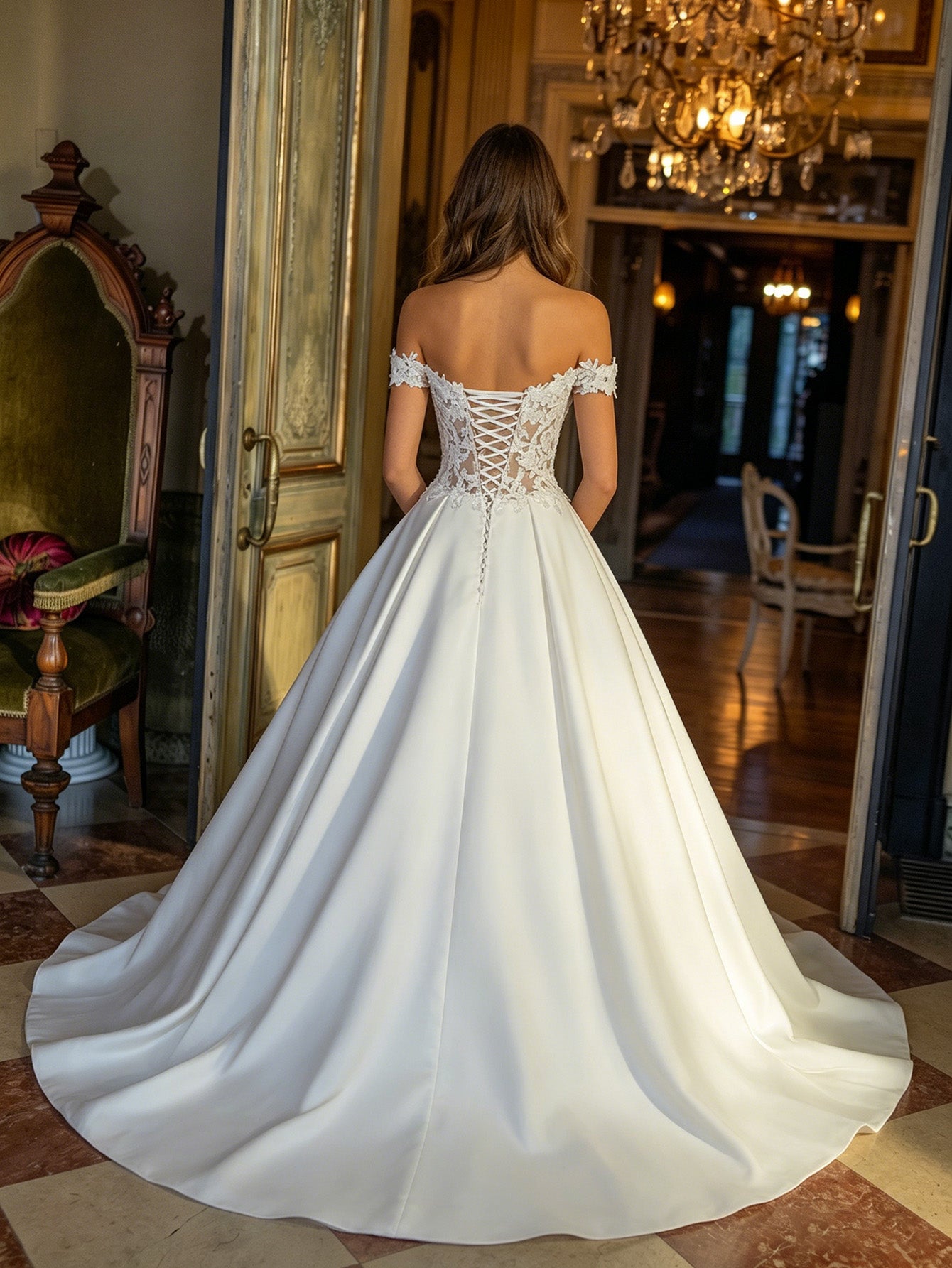 off shoulder satin ball gown wedding dress with beaded lace bodice - image 6