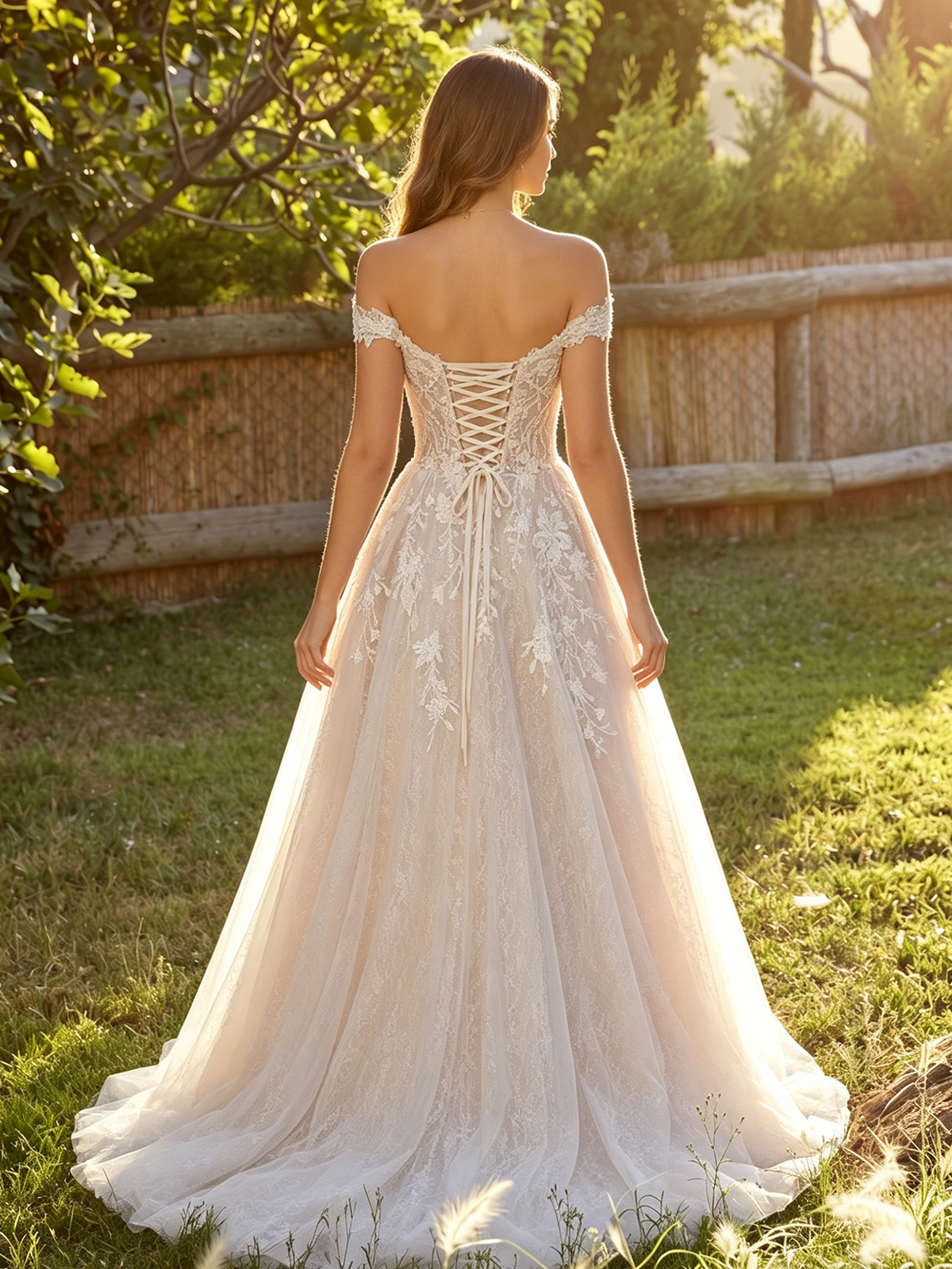 spaghetti strap lace tulle A-line wedding dress with floral applique - image 6